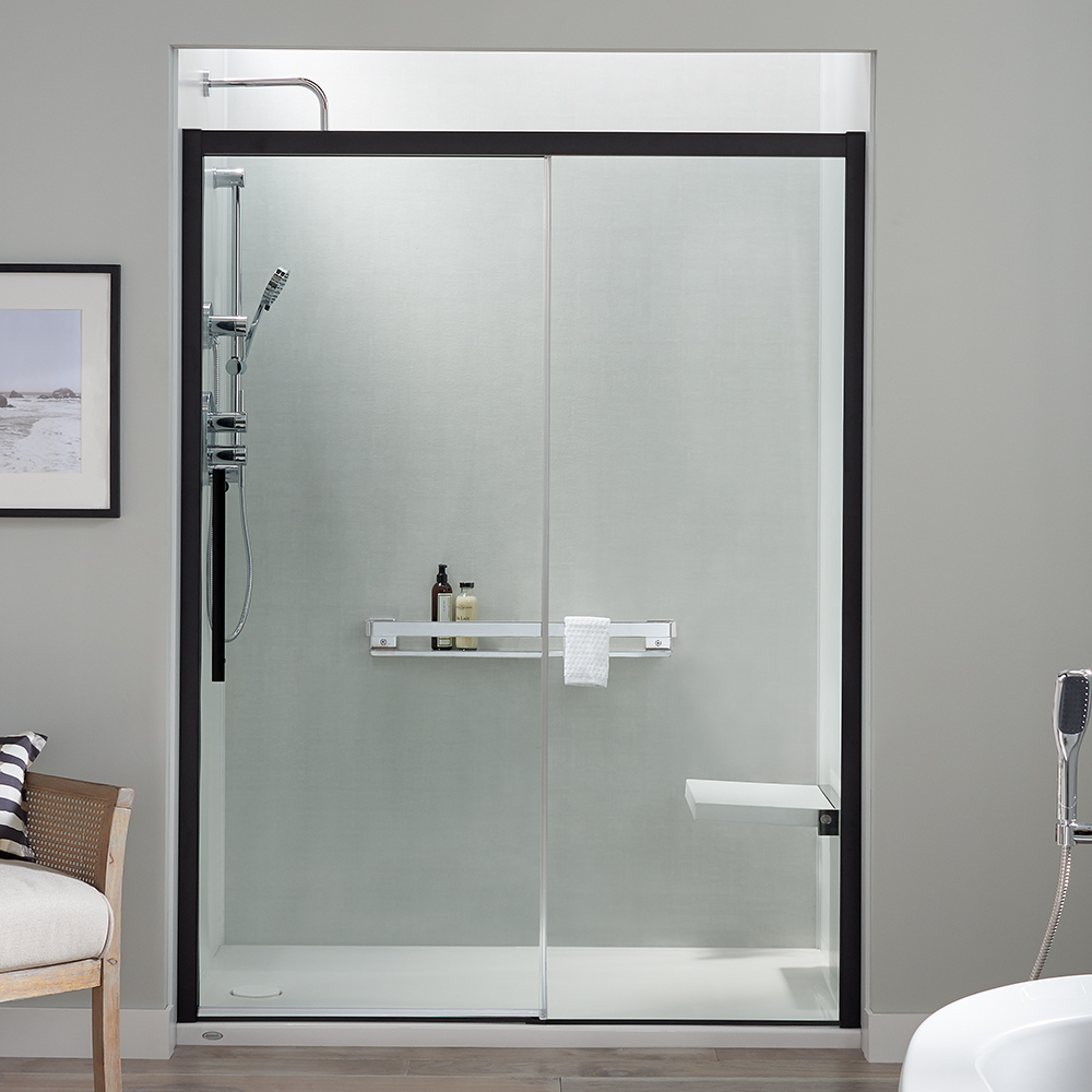 Jacuzzi concealed roller door with matte black frame on linen and white walls