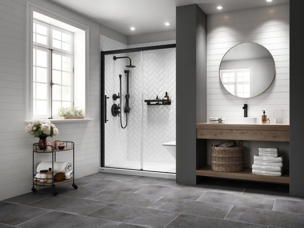 shower with matte black fixtures and glass doors