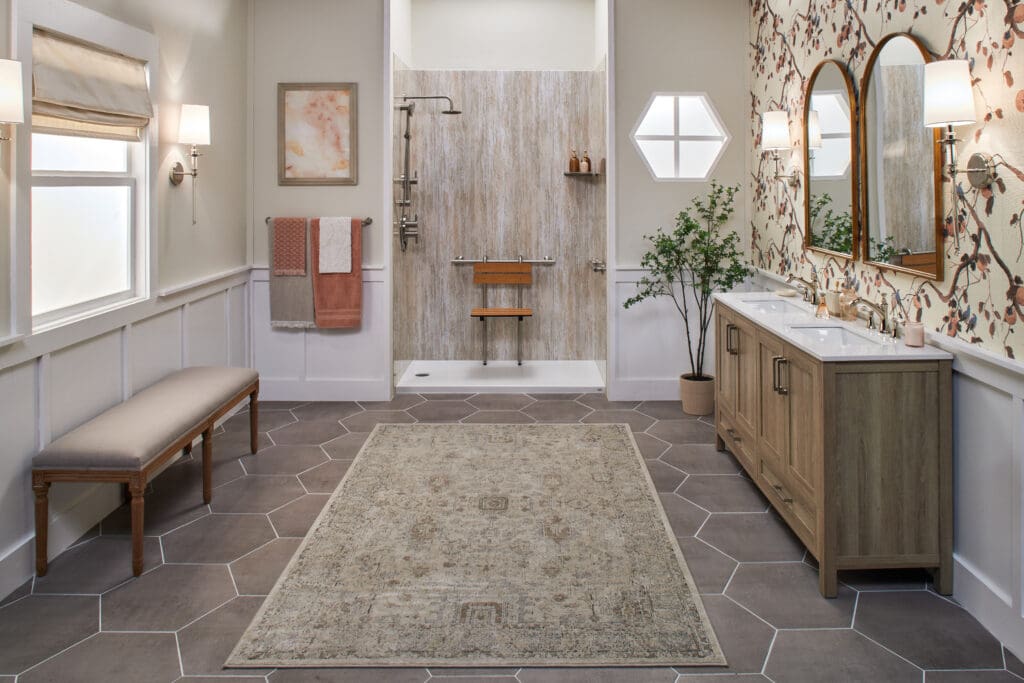 Modern bathroom interior with white vanity, walk-in shower