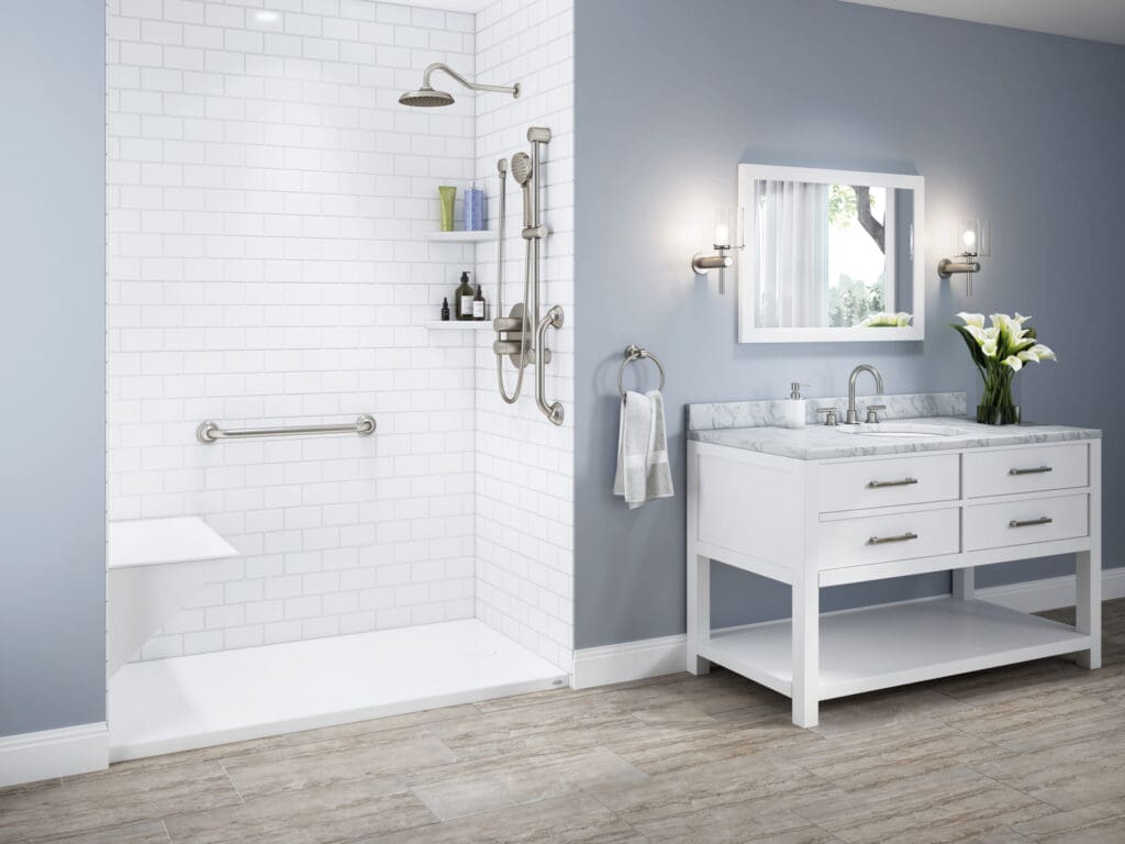 gray bathroom with white shower and sink